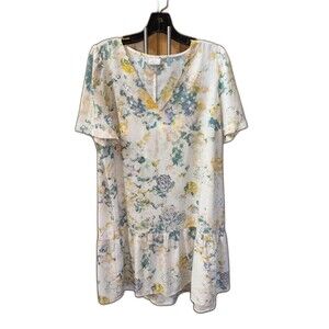 A New Day Women Ivory Casual Dress L Drop Waist Floral V Neck Short Sleeve